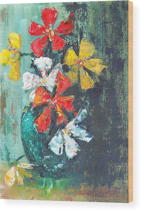 Flowers Wood Print featuring the painting Daisies in a Green Vase by Olga Kaczmar