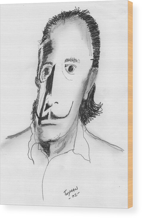Salvador Dali Portrait Wood Print featuring the drawing Dali by Dan Twyman