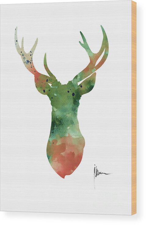 Deer Wood Print featuring the painting Deer head watercolor large poster by Joanna Szmerdt