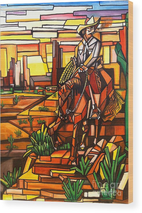 Desert Cowboy Wood Print featuring the painting Desert Cowboy by Ruben Archuleta - Art Gallery