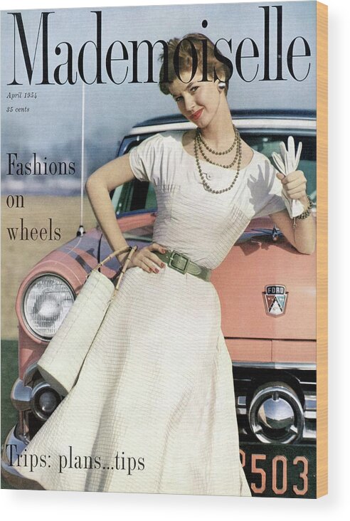 Auto Wood Print featuring the photograph Dolores Hawkins In Front Of A Ford Crestline by Herman Landshoff