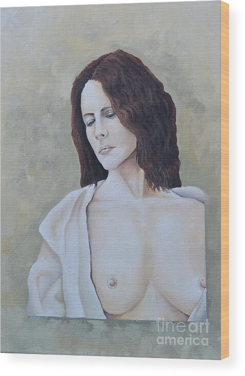 A Portrait Of A Woman In Her Robe While Being Topless. She Has Long Brown Wavy Hair. Wood Print featuring the painting Nude in Robe by Martin Schmidt