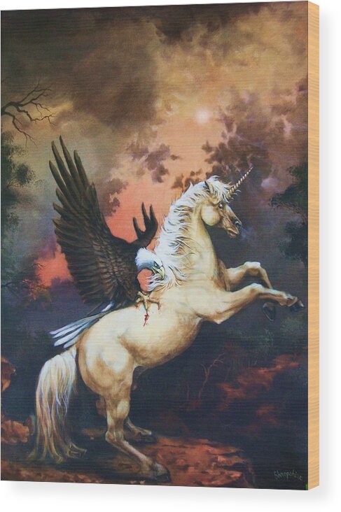 Eagle Wood Print featuring the painting Eagle and the Unicorn by Tom Shropshire