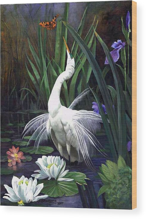 Landscape Wood Print featuring the painting Egret And The Butterfly by Edward Skallberg