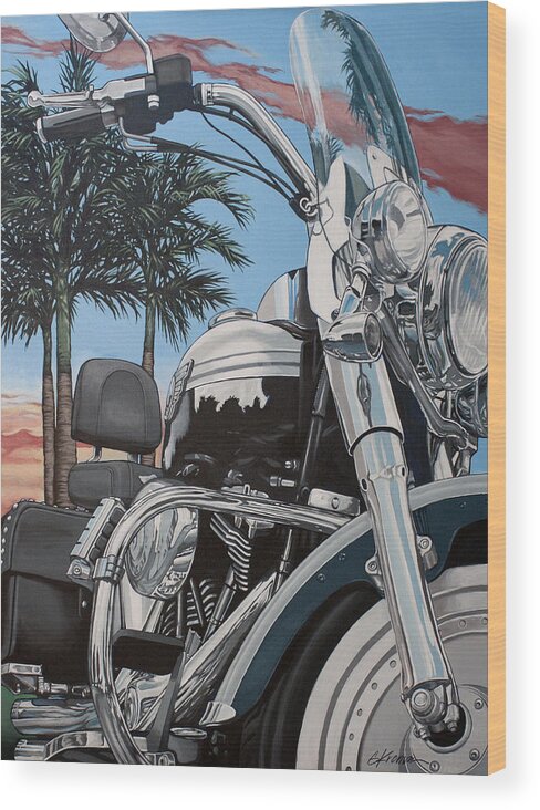 Harley Davidson Wood Print featuring the painting Fatboy Sunset by Gary Kroman