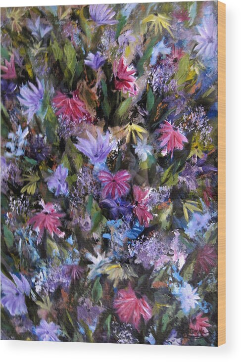 Floral Wood Print featuring the painting Fighting for Space lll Flowerpatch Series by Roberta Rotunda