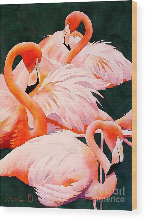 Watercolor Wood Print featuring the painting Flamingos by Robert Hooper