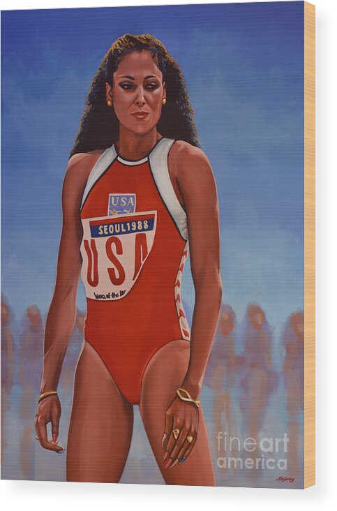 Florence Griffith Wood Print featuring the painting Florence Griffith - Joyner by Paul Meijering