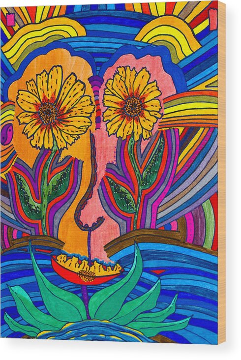 Daisies Wood Print featuring the painting Garden Face - Lotus Pond - Daisy Eyes by Marie Jamieson