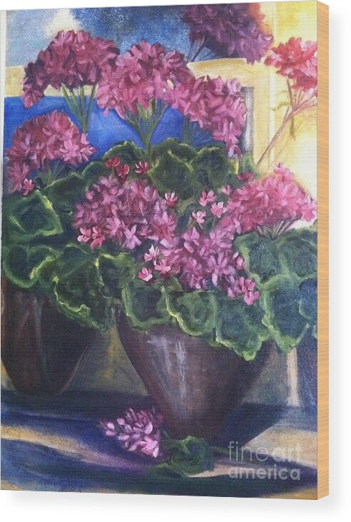 Orchards Wood Print featuring the painting Geraniums Blooming by Sherry Harradence