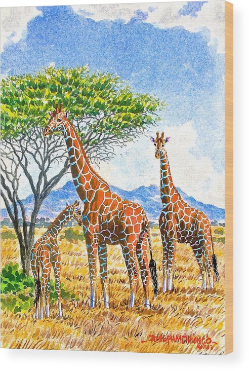 African Paintings Wood Print featuring the painting Giraffes with Baby by Joseph Thiongo