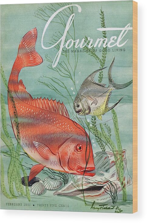Illustration Wood Print featuring the painting Gourmet Cover Featuring A Snapper And Pompano by Henry Stahlhut