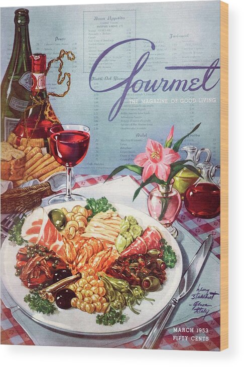 Food Wood Print featuring the photograph Gourmet Cover Illustration Of A Plate Of Antipasto by Henry Stahlhut