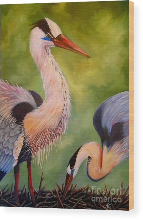 Great Blue Herons Wood Print featuring the painting Great Blue Herons by Nancy Bradley