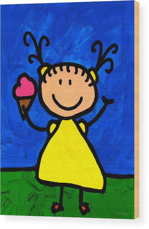Childlike Wood Print featuring the painting Happi Arte 3 - Little Girl Ice Cream Cone Art by Sharon Cummings