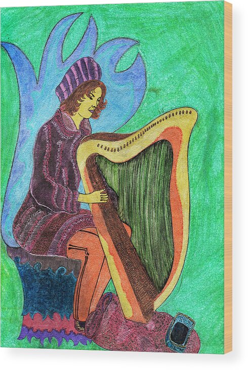 Lady Wood Print featuring the painting Harp Lady by Alex Art