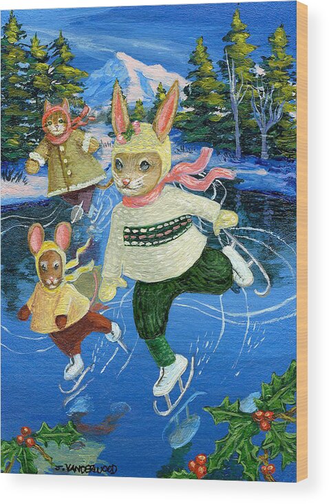 Rabbit Wood Print featuring the painting Holiday Ice Skating Party by Jacquelin L Vanderwood Westerman