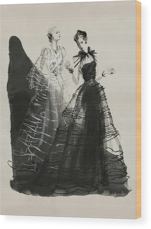 Designer Wood Print featuring the digital art Illustration Of Two Women Wearing Evening Gowns by Rene Bouet-Willaumez