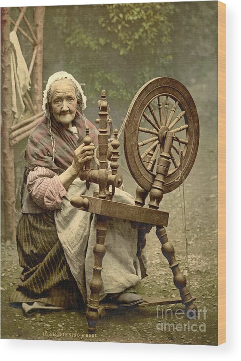 Irish Woman And Spinning Wheel 1890 Wood Print featuring the photograph Irish Woman and Spinning Wheel by Padre Art