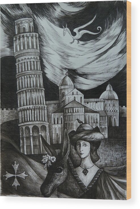 Travel Wood Print featuring the drawing Italian Fantasies. Pisa by Anna Duyunova