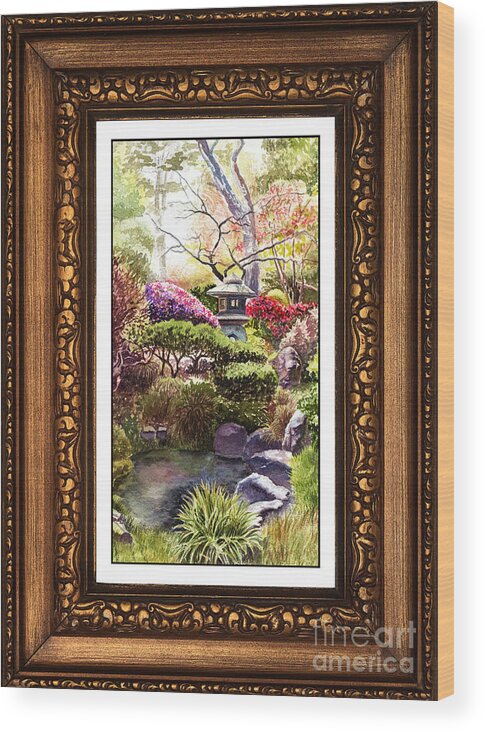 Japanese Gaden Wood Print featuring the painting Japanese Garden In Vintage Frame by Irina Sztukowski
