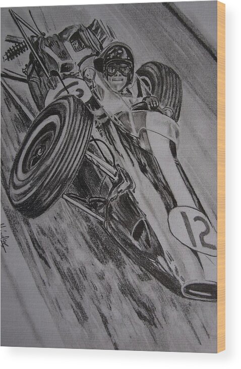 Motorsport Wood Print featuring the drawing Jim Clark at Monaco 64 by Juan Mendez