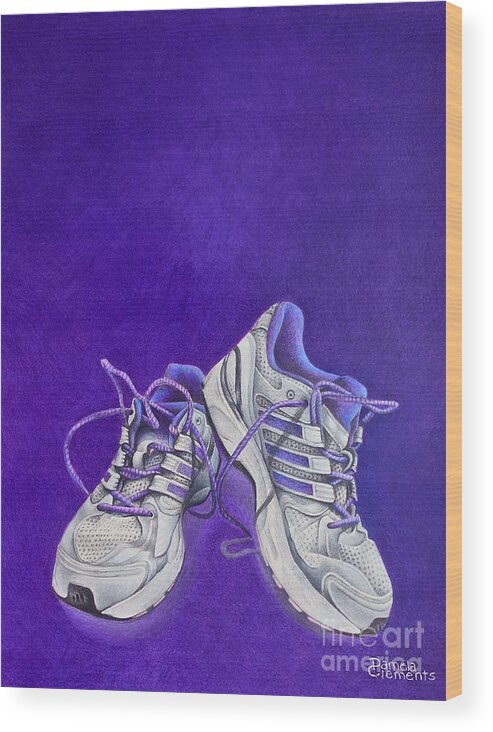 Running Wood Print featuring the painting Karen's Shoes by Pamela Clements