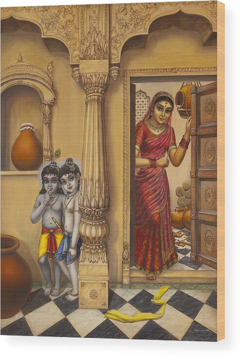 Krishna Wood Print featuring the painting Krishna and Ballaram butter thiefs by Vrindavan Das