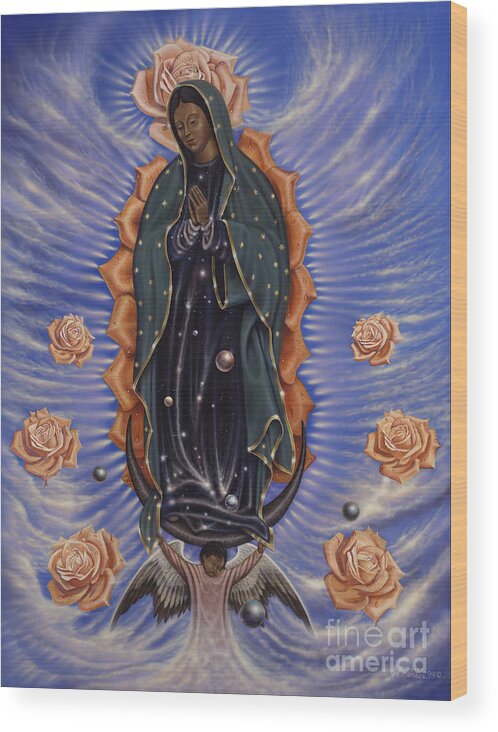 Guadalupe Wood Print featuring the painting Lady of the Roses by Ricardo Chavez-Mendez