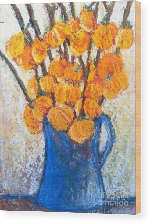 Original Oil Painting Wood Print featuring the pastel Little Blue Jug by Sherry Harradence