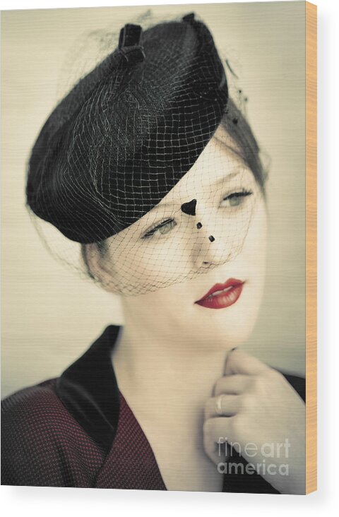 Woman Wood Print featuring the photograph Lovely Lady with Veiled Hat by Diane Diederich