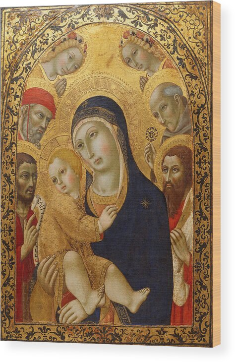 Sano Di Pietro Wood Print featuring the painting Madonna and Child with Saints Jerome John the Baptist Bernardino and Bartholomew by Sano di Pietro
