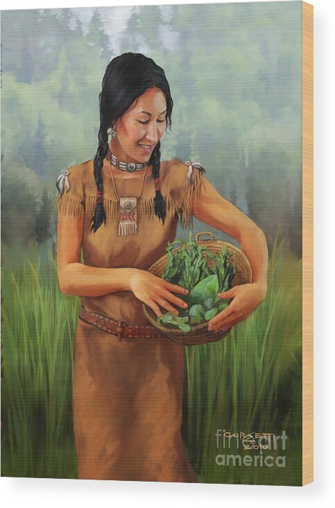 Native American Female Paintings Wood Print featuring the painting Maiden Basket by Robert Corsetti