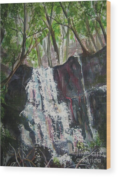 Waterfall Wood Print featuring the painting Mariah's Falls by Ellen Levinson