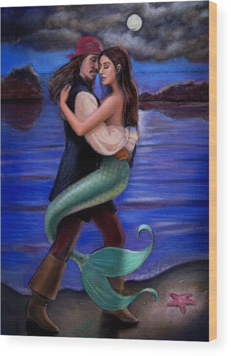 Mermaid Wood Print featuring the painting Mermaid and Pirate's Caribbean Love by Sue Halstenberg