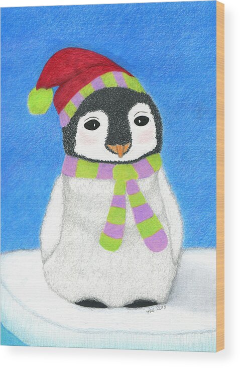 Christmas Wood Print featuring the drawing Merry O' Penguin by Lisa Blake