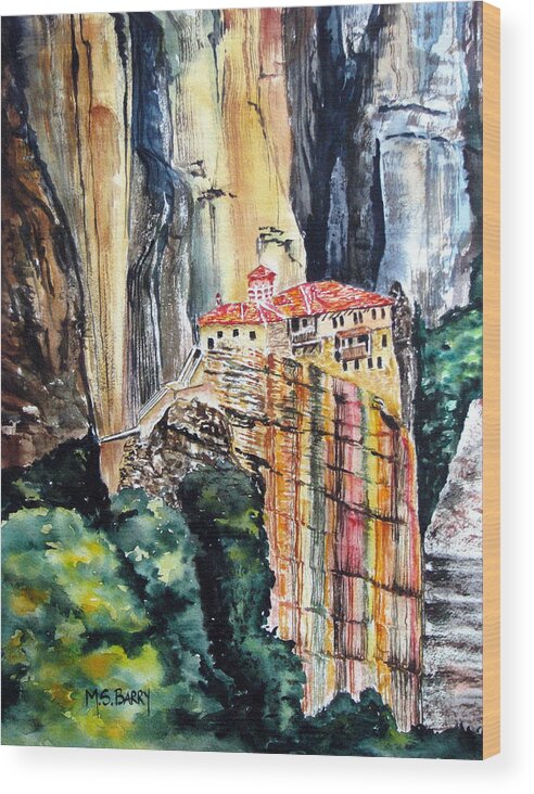 Greece Wood Print featuring the painting Meteora Greece by Maria Barry