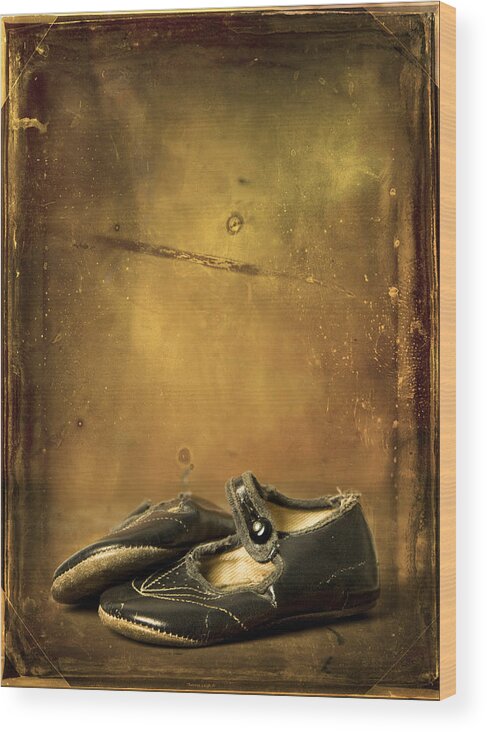 Vintage Wood Print featuring the photograph Mid 40's Baby Shoes by Theresa Tahara