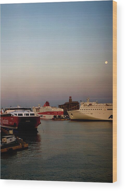 Piraeus Port Wood Print featuring the photograph Moon Over Piraeus Port by Lorraine Devon Wilke