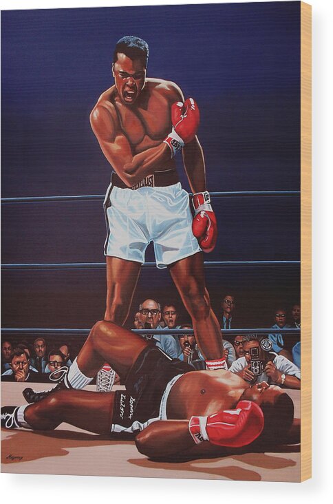 Mohammed Ali Versus Sonny Liston Muhammad Ali Paul Meijering Boxing Boxer Prizefighter Mohammed Ali Ali Sonny Liston Cassius Clay Big Bear The Greatest Boxing Champion The People's Champion The Louisville Lip Knockout Paul Meijering Wbc World Champions Heavyweight Boxing Champions Athlete Icon Portrait Realism Sport Heavyweight Adventure Down Sportsman Hero Painting Canvas Realistic Painting Art Artwork Work Of Art Realistic Art Ring Celebrity Celebrities Wood Print featuring the painting Muhammad Ali versus Sonny Liston by Paul Meijering