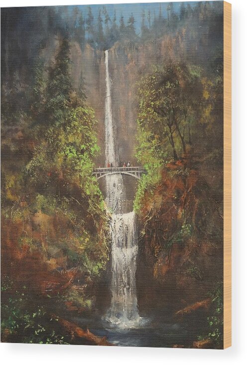 Multnomah Falls Wood Print featuring the painting Multnomah Falls Oregon by Tom Shropshire