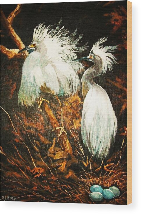 Birds Wood Print featuring the painting Nesting Egrets by Al Brown