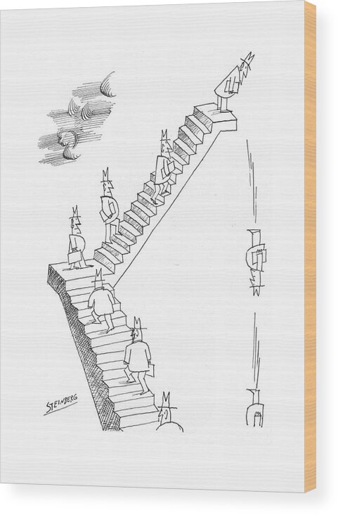 83257 Sst Saul Steinberg (men Climbing The Ladder Of Success. When They Reach The Top They Go Head First Off The Top Of The Steps.) Boss Business Climbing Collar Corporate Employee Employer Employment Executives Fall Falling ?rst Go Head Ladder Men Occupation Off Of?ce Profession Professional Reach Steps Success Suicide Top When White Work Wood Print featuring the drawing New Yorker August 20th, 1966 by Saul Steinberg