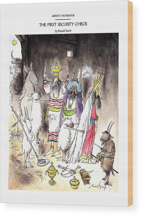 Security Wood Print featuring the drawing New Yorker December 21st, 1992 by Ronald Searle