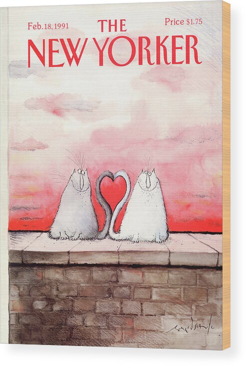 Cat Wood Print featuring the painting New Yorker February 18th, 1991 by Ronald Searle
