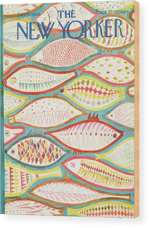 Fish Fishes Fishing Artwork Colorful Pattern Ilonka Karasz Ika Sumnerok Ilonka Karasz Ika Artkey 49904 Wood Print featuring the painting New Yorker July 16th, 1966 by Ilonka Karasz