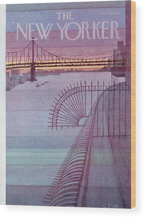 (a View Of The Manhattan Bridge From An Overhang.) Urban Technology Architecture Seashore Charles E. Martin Cma Artkey 47537 Wood Print featuring the painting New Yorker March 31st, 1980 by Charles E Martin