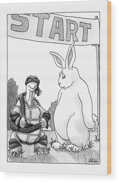 (the Tortoise And The Hare Are About To Race Wood Print featuring the drawing New Yorker May 7th, 1990 by J.P. Rini
