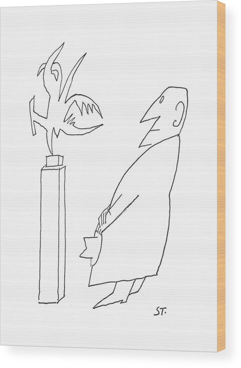 93463 Sst Saul Steinberg (man Looking At Abstract Sculpture.) Abstract Art Artist Artistic Artwork Canvas Galleries Gallery Humanities Looking Man Modern Museum Museums Painter Painting Sculpture Statue Wood Print featuring the drawing New Yorker November 16th, 1957 by Saul Steinberg