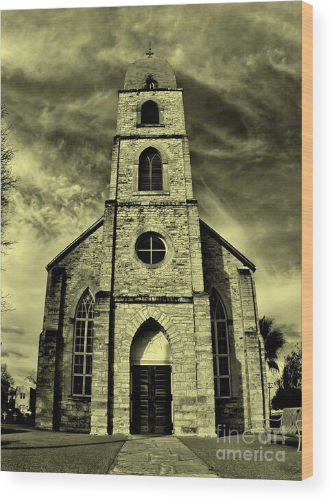Michael Tidwell Photography Wood Print featuring the photograph Old St. Mary's Church in Fredericksburg Texas in Sepia by Michael Tidwell